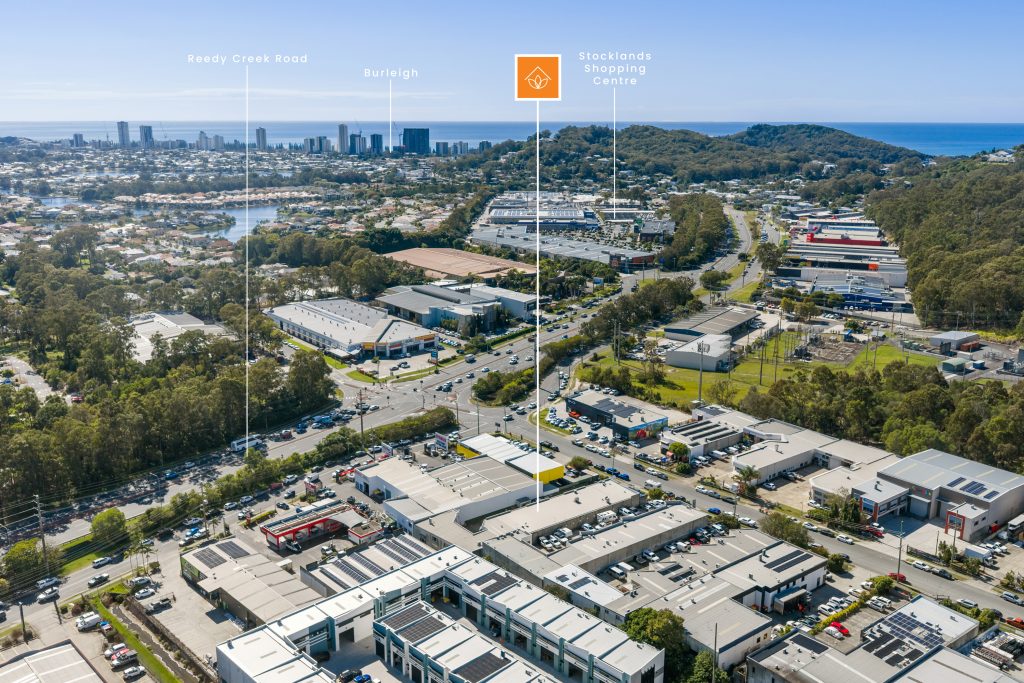 Wide aerial view marking the Ramly Drive property near Reedy Creek Road and Burleigh Heads