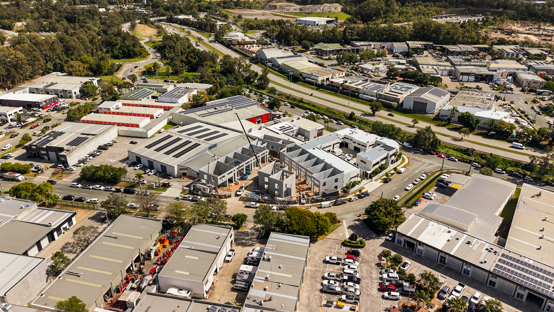 Aerial view of Centro Burleigh Heads under construction at 3 Fremantle Street and surrounding commercial buildings